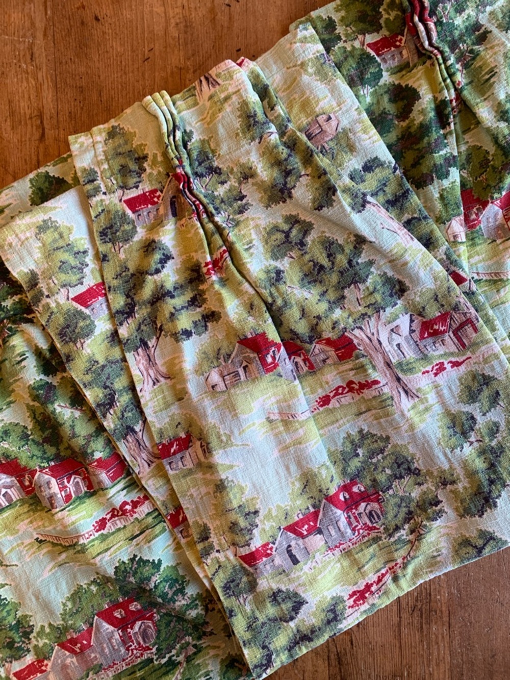 Bark Fabric Green Scenic Village Print Curtains Drapes - Unbranded